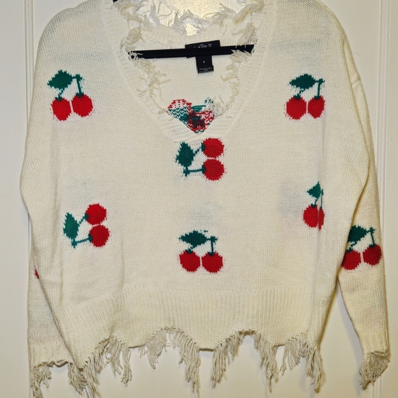 just polly Sweaters - Just Polly Cherry Patterned Frayed Hem Sweater
